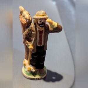 Vintage Emmett jr Flambro clown figurine ,Hunter with Dog ,Tree ,rifle, ornament